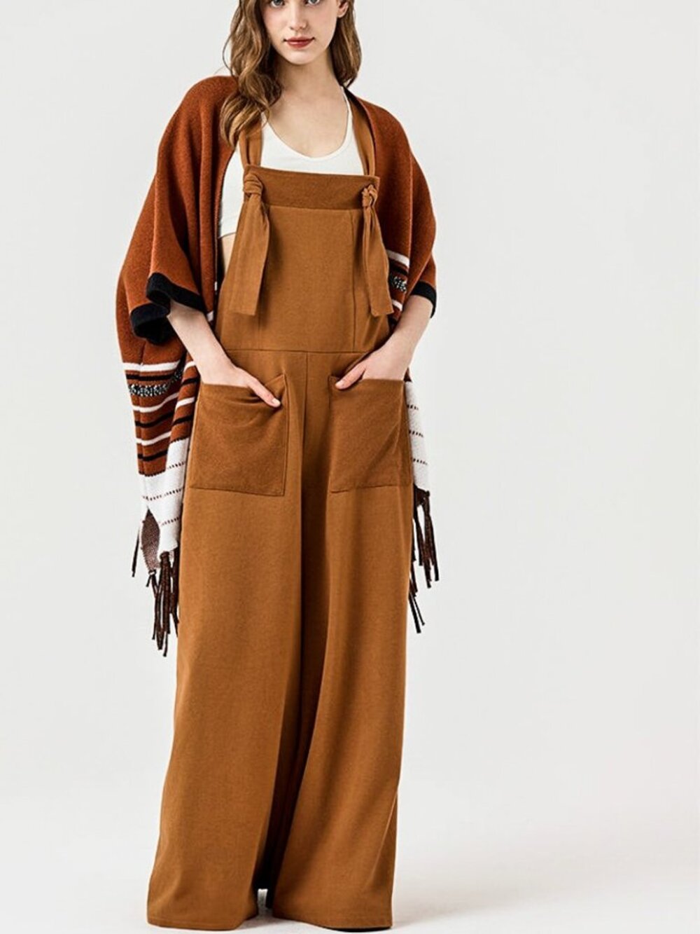 B60 French Terry Adjustable Straps Overall Jumpsuit Wide Leg Boho NEW Camel